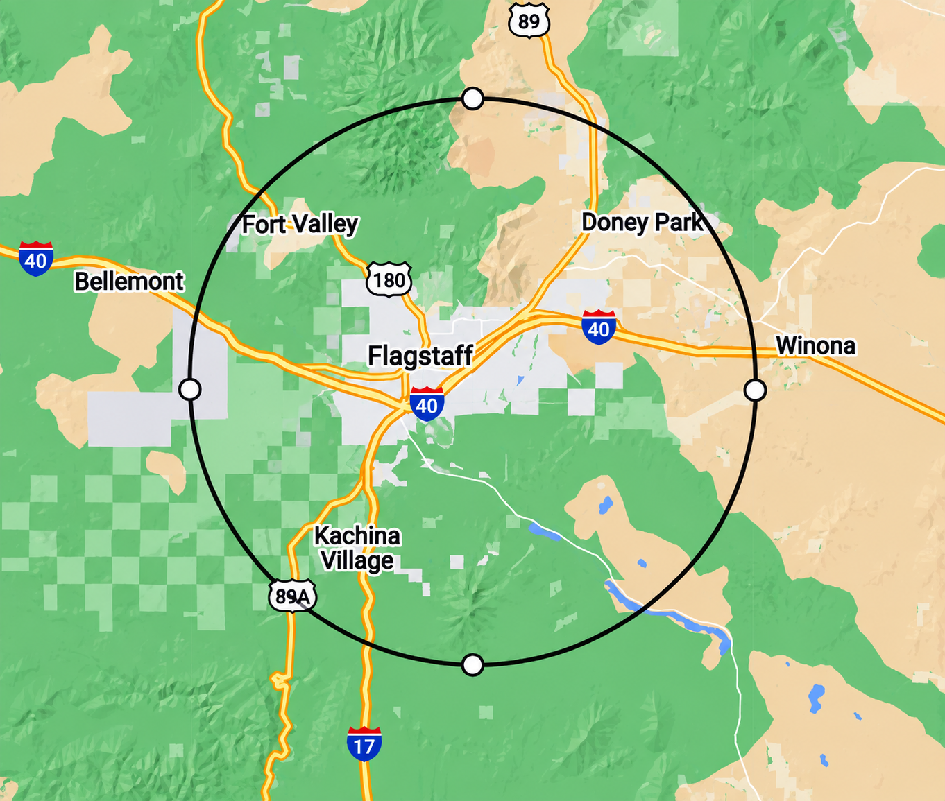 Peak Roll-Off Dumpsters service area map in Flagstaff Arizona